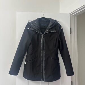 French Connection Black Trench Coat with Quilted Hood